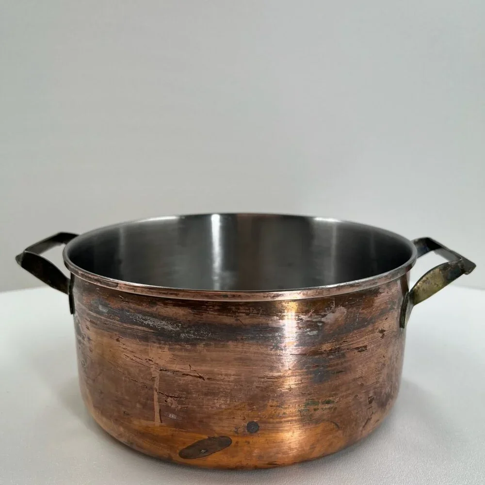 Vintage Copper Pot Stainless Steel Lined 9" Casserole Dual Brass Handles - Picture 2 of 11